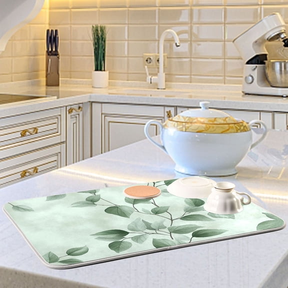 Watercolor Green Leaf Dish Drying Mats for Kitchen Counter Absorbent Microfiber Coffee Pad