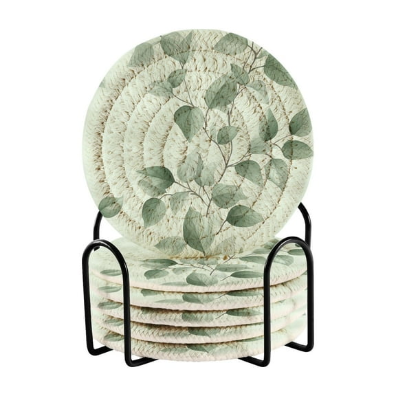 Watercolor Green Leaf Drink Coasters with Holder Absorbent Coaster for Coffee Table Room Decor 6 Pack