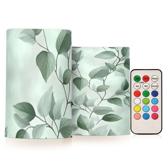 Watercolor Green Leaf Flickering Flameless Candles Battery Operated with Remote Timer LED Pillar Candles Set of 2