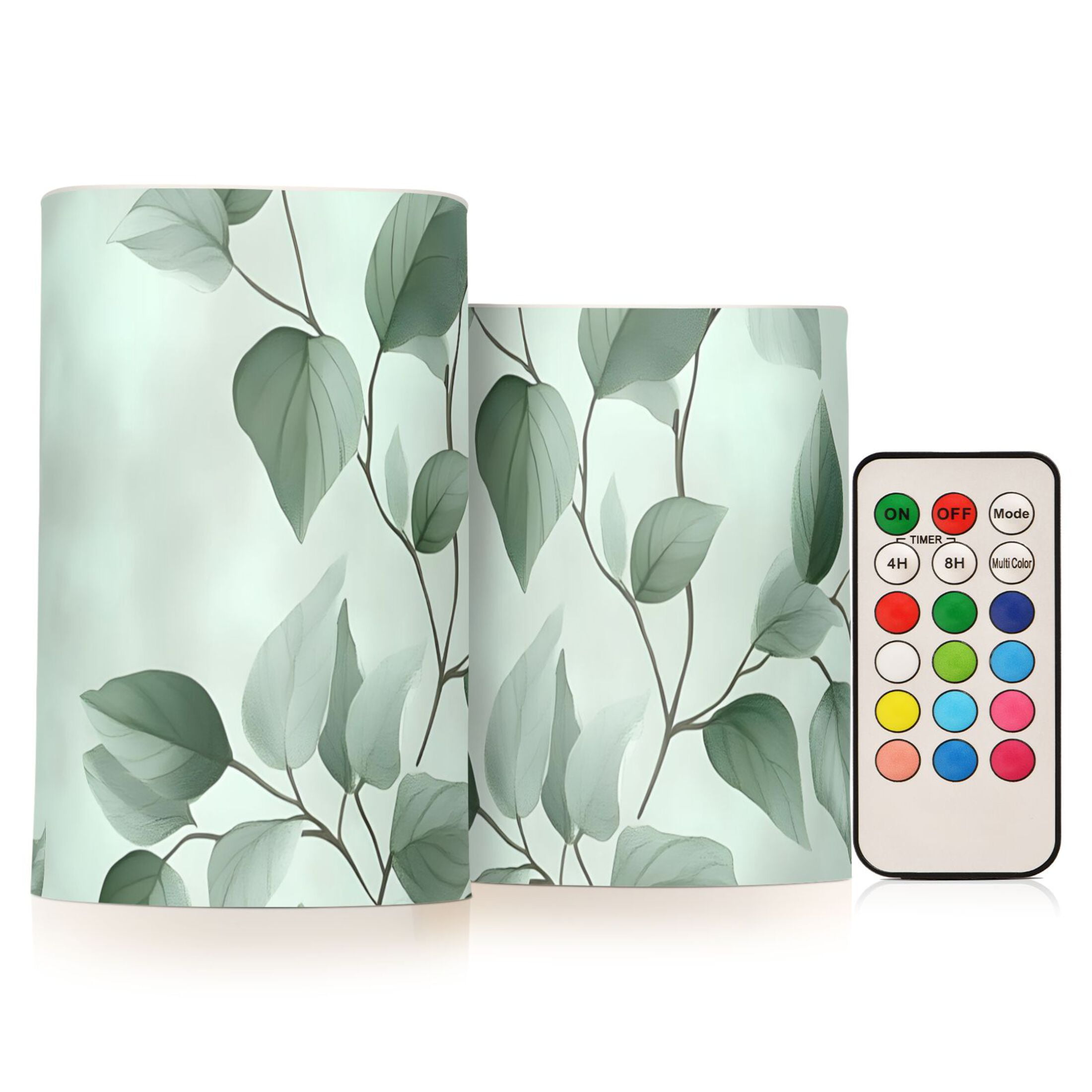 Watercolor Green Leaf Flickering Flameless Candles Battery Operated with Remote Timer LED Pillar Candles Set of 2