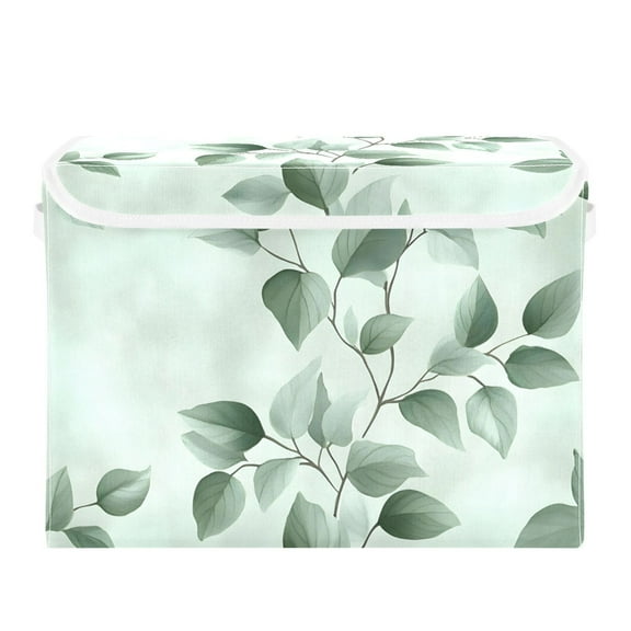 Watercolor Green Leaf Large Storage Bins with Linen Collapsible Lid Storage Box 16.7 x 12.6 x 11.8in
