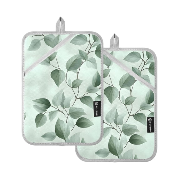 Watercolor Green Leaf Oven Mitts Pot Holders 2 pcs Heat Resistant for Kitchen Baking Grilling