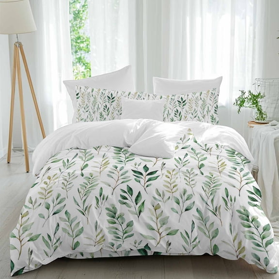 Watercolor Green Leaf Queen Size Comforter Set, Pastoral Leaf Farm Plant Country Bedding for All Seasons, 4 Pcs Bed Set, 1Quiltcover (90"x92") ,1Sheet(94"x116"), 2Pillowcases (30"x20")
