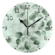 Watercolor Green Leaf Round Wall Clock Silent Battery Operated Home Decor for Living Room Bedroom