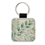 Watercolor Green Leaves And Branches Faux Leather Square Keychain