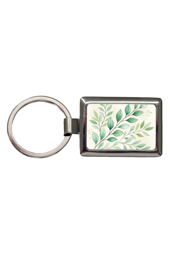 Watercolor Green Leaves And Branches Metal Rectangle Keychain
