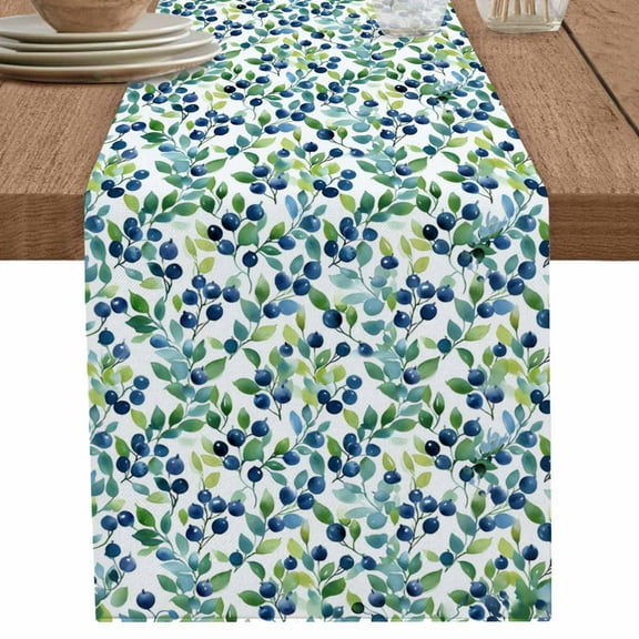 Watercolor Green Leaves Blueberry on White Table Runner-70 Inch Long Pastoral Plant Table Runners Linen Burlap Tablerunner for Kitchen Dining Room Holiday Party