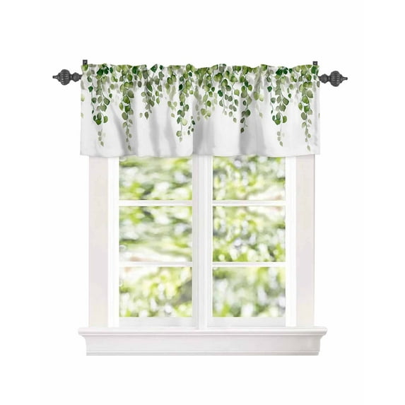 Watercolor Green Leaves Botanical Plant Curtain Valances for Kitchen Windows,Rod Pocket Short Valance Eucalyptus Leaves Window Treatment for Living Room Bathroom Bedroom,42" x 12"-1 Panel