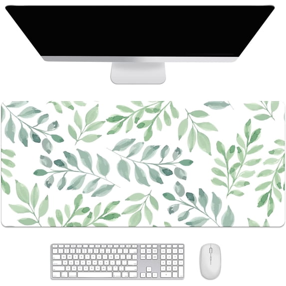 Watercolor Green Leaves Desk Mat, Desk Accessory, Cute Workspace, Trendy Workspace, Trendy, 35.4x15.7in Large Gaming Mouse Pad, Cute Desk Topper, Pretty Desk Pad