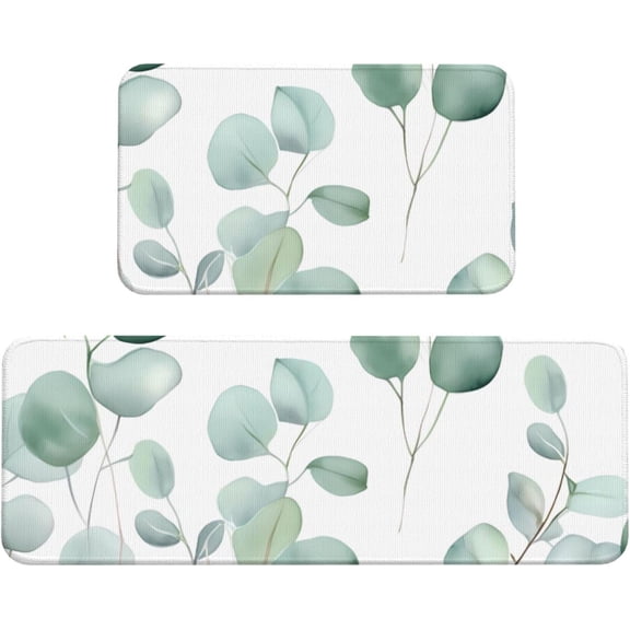 Watercolor Green Leaves Kitchen Mats for Floor, Spring Kitchen Rug Runner Non-Slip Kitchen Mats and Rugs 2PCS Absorbent Standing Mats for Office Desk Sink