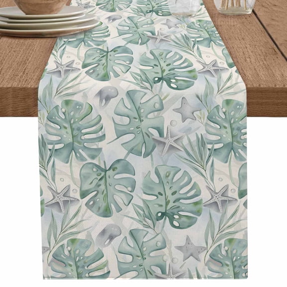 Watercolor Green Leaves Starfish on Beige Table Runner-70 Inch Long Summer Plant Table Runners Linen Burlap Tablerunner for Kitchen Dining Room Holiday Party