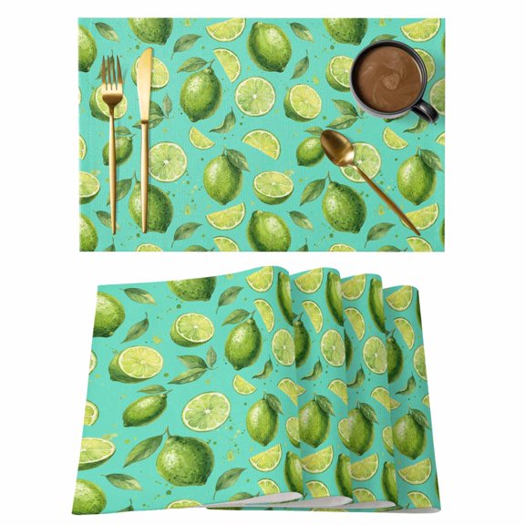Watercolor Green Lime on Teal Placemats Set of 6,Wipeable Washable Table Mats for Dining Tables, Summer Tropical Fruits Place Mats for Kitchen Event Party Tabletop Decor