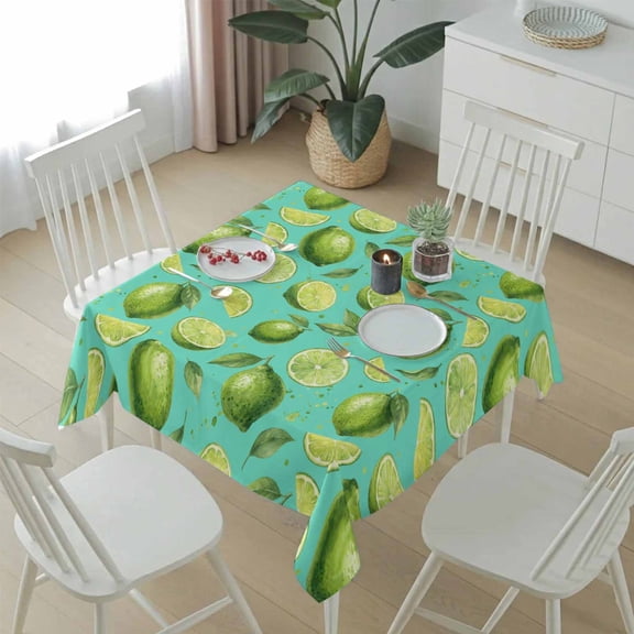 Watercolor Green Lime on Teal Table Cloth 54x54in, Waterproof Square Tablecloth Wipeable Tablecloths Summer Tropical Fruits Table Covers for Dining Tables Party Indoor Outdoor