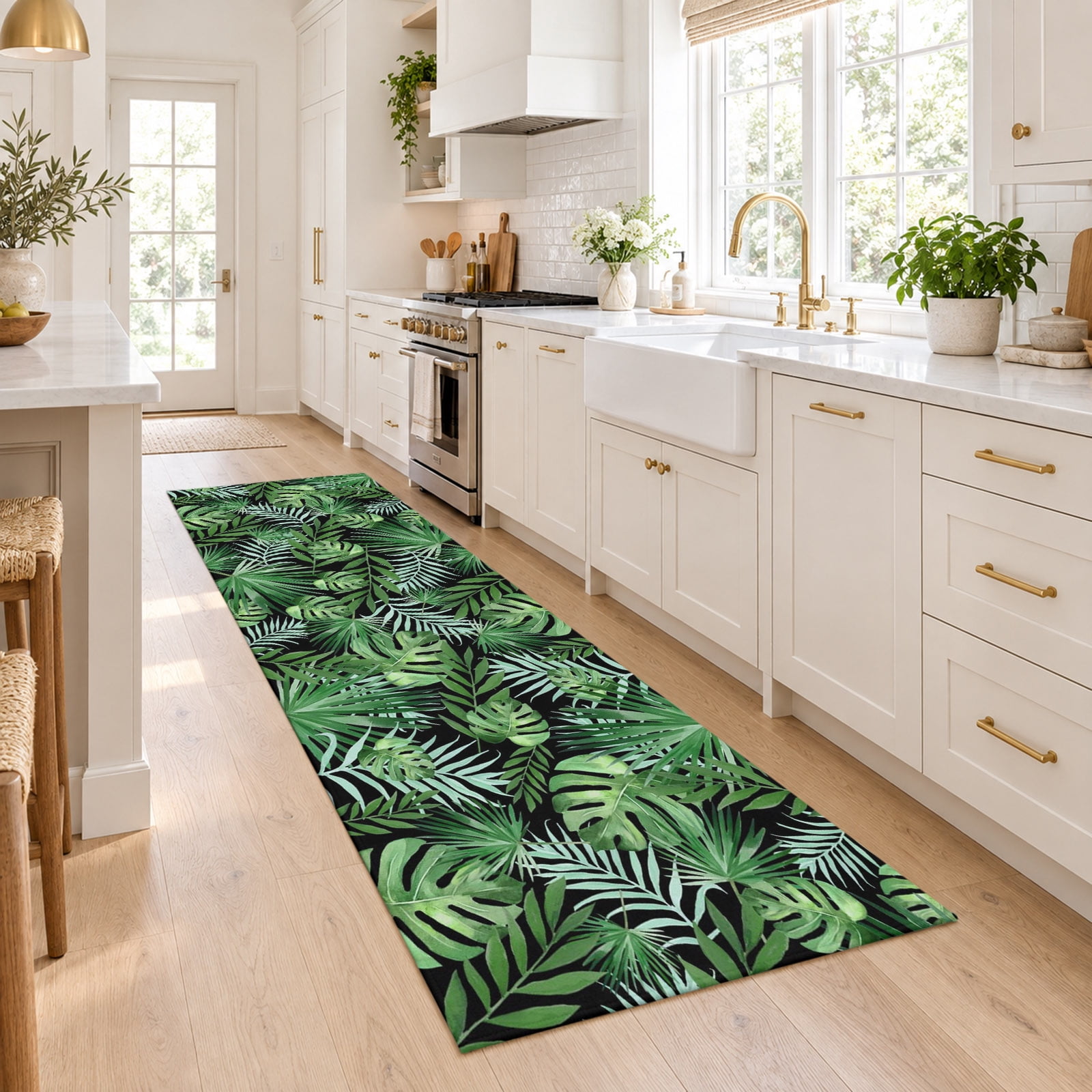 Watercolor Green Monstera Leaves Runner Rug for Kitchen Bedroom Hallway ...