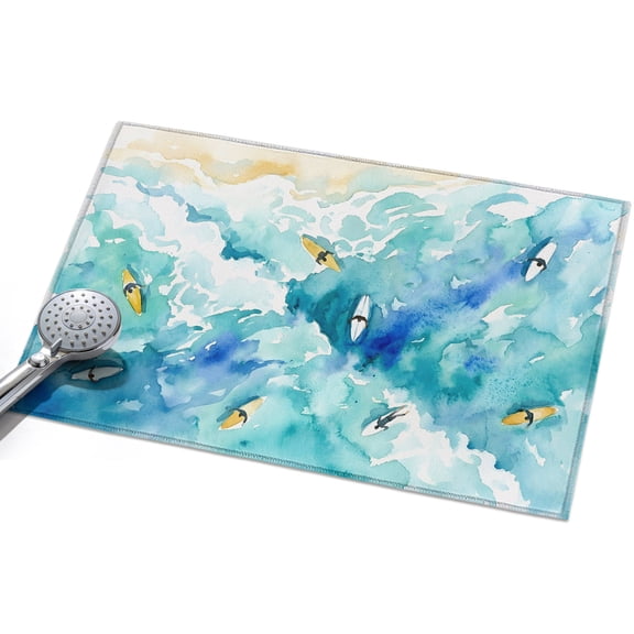 Watercolor Green Ocean Washable Area Rug 2 x 3 ft Yellow Surfboard Beach Summer, Soft Non Slip Rugs Stain Repellent Indoor Felt Carpet for Living Dining Room Bedroom Home Office