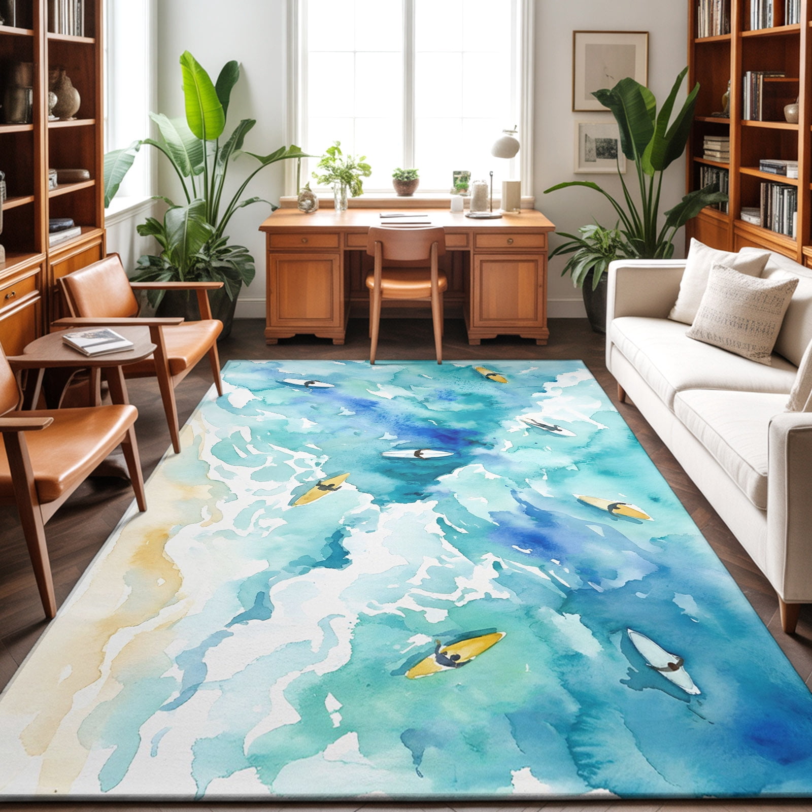 Watercolor Green Ocean Washable Area Rug 4 x 6 ft Yellow Surfboard