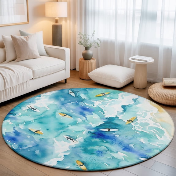 Watercolor Green Ocean Washable Round Area Rug 3 ft, Yellow Surfboard Beach Summer, Soft Non Slip Rugs Stain Repellent Indoor Felt Carpet for Living Dining Room Bedroom Home Office