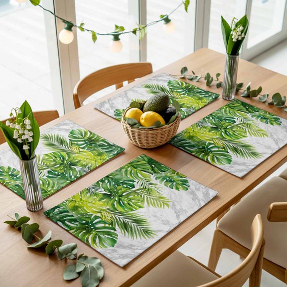 Watercolor Green Palm Leaves Gray Marble Placemats Set of 4,Wipeable Washable Table Mats for Dining Tables, Summer Foliage Place Mats for Kitchen Event Party Tabletop Decor