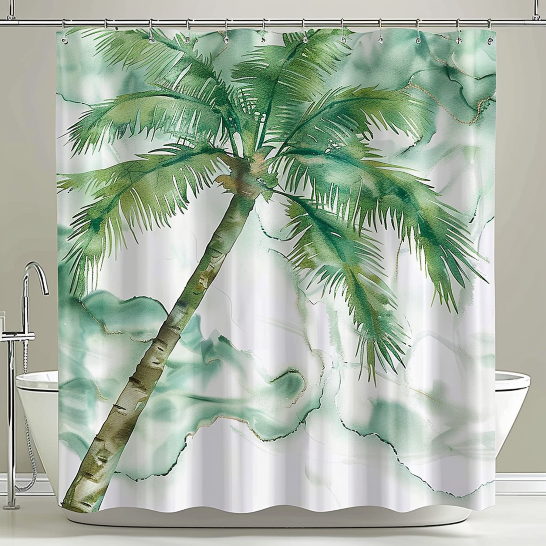 Watercolor Green Palm Tree Bathroom Curtain on White Marble Background