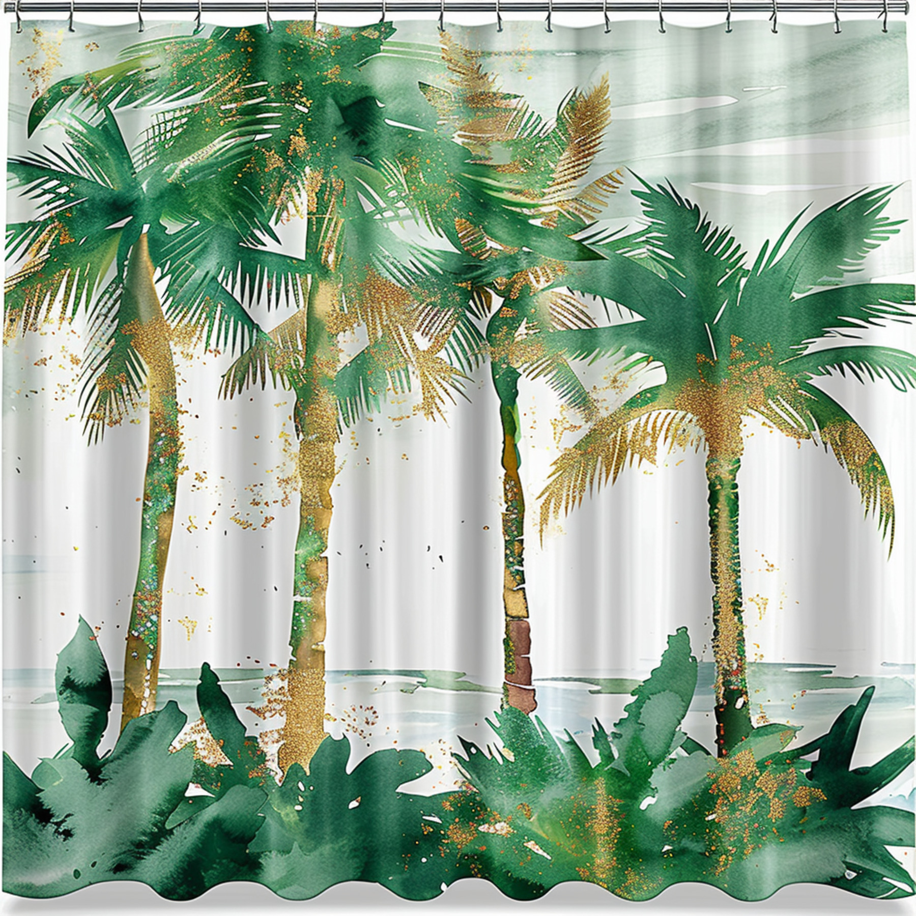 Watercolor Green Palm Trees with Gold Foil Shower Curtain Set Tropical