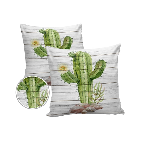 Watercolor Green Tropical Botanical Cactus Outdoor Pillow Covers Set of 2, Decorative Waterproof Throw Pillow Case, Wooden Board Cotton Linen Soft Cozy Cushion Pillowcases