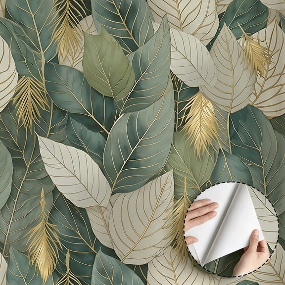 Watercolor Green Yellow Gold Leaf Modern Mosaic Peel and Stick Wallpaper Contact Paper Vintage Vinyl Stick on Wall Paper for Bedroom Bathroom Kitchen Cabinet Renter Friendly