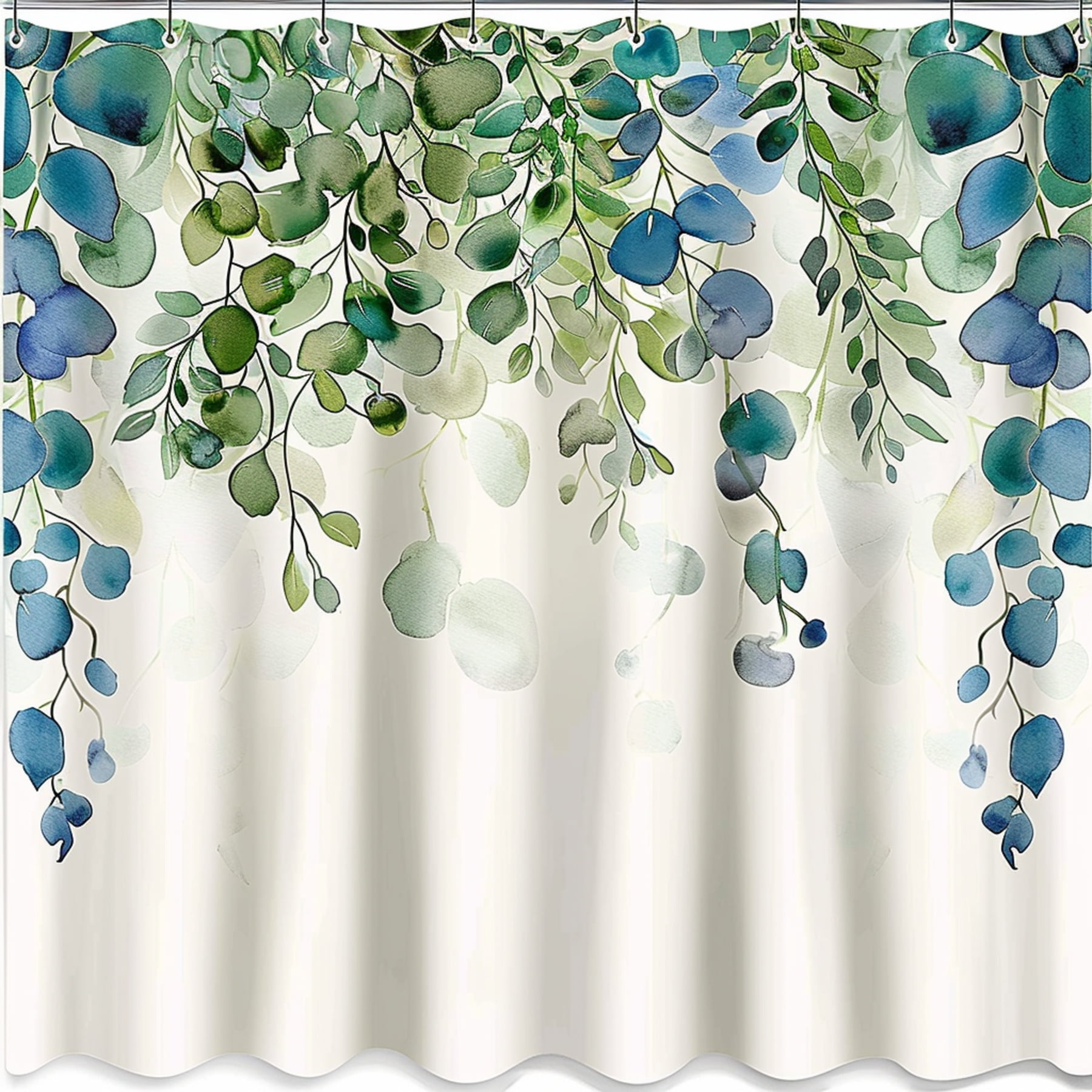 Watercolor Greenery And Blue Eucalyptus Shower Curtain White Background With Green Leaves And