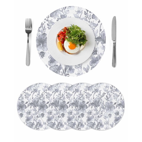 Watercolor Grey Floral Round 13 Inch Placemats Set of 4, Gray Ombre Botanical Summer HeatResistant Non Slip Place Mats for Dining Table, Wipeable Braided Kitchen Table Mats for Housewarming