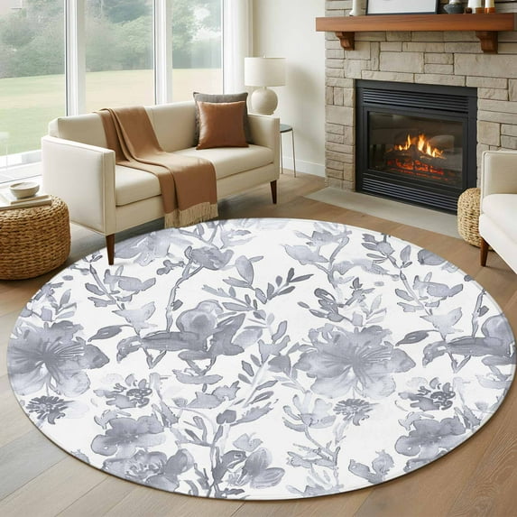 Watercolor Grey Floral Round Area Rug 5 FT, Non Slip Bedroom Area Rug, Gray Ombre Botanical Summer Washable Soft Circular Carpet Non-Shedding Floor Mat for Kitchen Dining Room Foyer Balcony Dorm