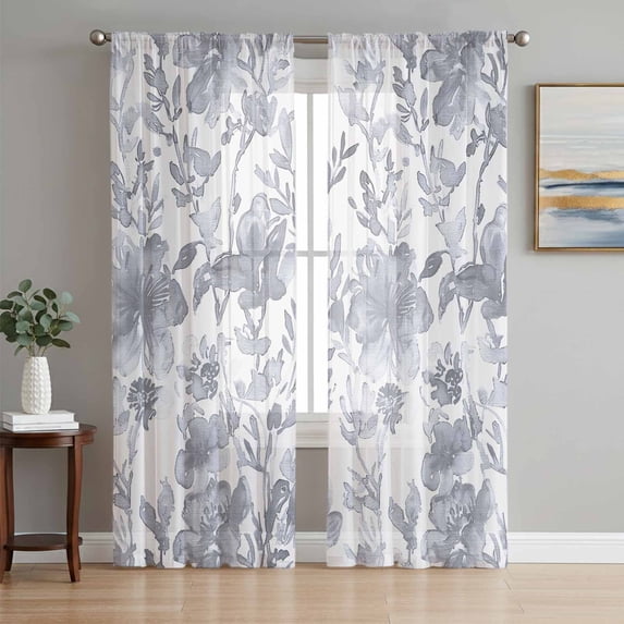 Watercolor Grey Floral Sheer Curtains 72 Inch Length 2 Panels Set, Gray Ombre Botanical Summer Voile Window Treatment Rod Pocket Curtains Sheers Drapes for Bedroom/Living Room/Kitchen 52"x72"x2