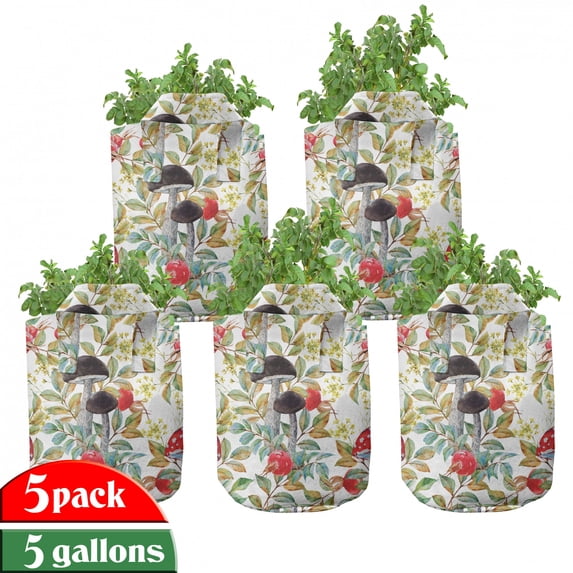 Watercolor Grow Bags 5-Pack, Dogrose and Amantia, Heavyduty Fabric Pots with Handles for Plants, 2 Sizes, Multicolor, by Ambesonne