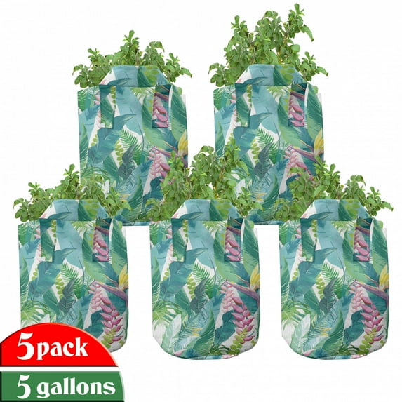 Watercolor Grow Bags 5-Pack, Exotic Jungle Hawaii, Heavyduty Fabric Pots with Handles for Plants, 2 Sizes, Green Pink White, by Ambesonne