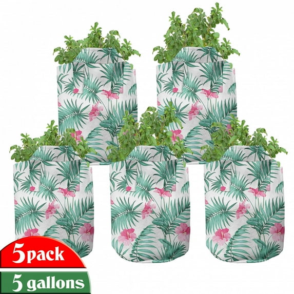 Watercolor Grow Bags 5-Pack, Tropic Ferns Flowers, Heavyduty Fabric Pots with Handles for Plants, 2 Sizes, Seafoam Pink, by Ambesonne