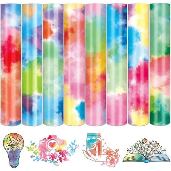 Watercolor HTV Iron on Vinyl,Tie Dye Heat Transfer Vinyl,7 Sheets 12 x 10 Inches Mix-color Heat Transfer Sheets,Sublimation Paper,for Mug DIY T- Shirts Coasters