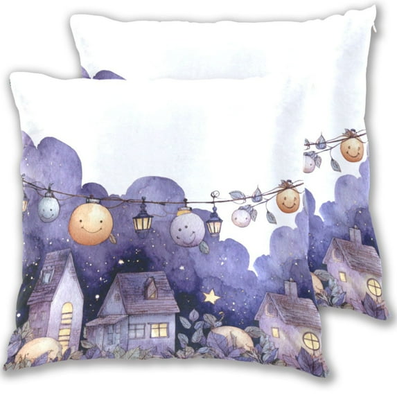 Watercolor Halloween Town Throw Pillow Covers Pillowcases 18 x 18 Inch Home Decor 2 Packs for Bedroom Sofa