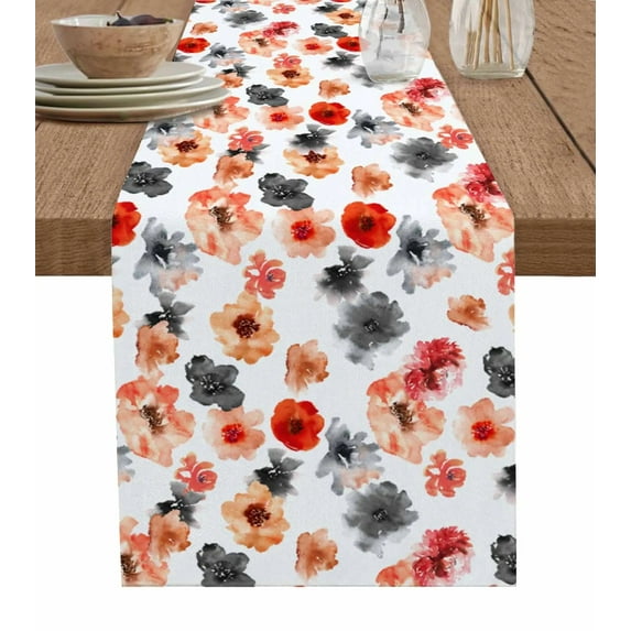 Watercolor Hand Painted Flowers Table Runner Wedding Decor Table Runner Holiday Dining Table Decor Linen Tablecloth