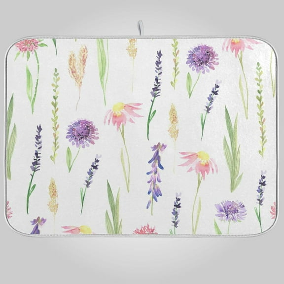 Watercolor Hand Painted Wildflowers Dish Drying Mat for Kitchen Counter 18" x 24" inch - Absorbent Reversible Microfiber Dish Mat, Heat Resistant Drying Pad Dish Drainer Mats for Countertop - Purple