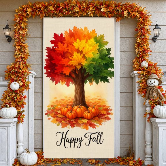 Watercolor Happy Fall Banner Maple Leaf Design Autumn Harvest Backdrop Pumpkin Pattern Vibrant Hue Fall Photo Background for Fall Party Thanksgiving Gathering Photo Shoot