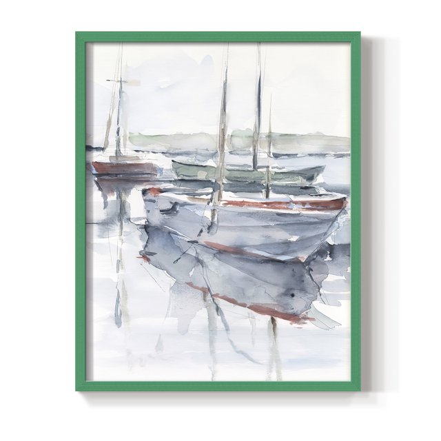 Watercolor Harbor Study I Framed Print in Green Solid Wood 22 x 28