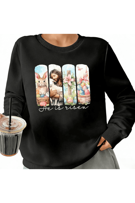 Watercolor He Is Risen Christian Easter Womans Print Sweatshirt Graphic Sweatshirt Black White S-3XL Faith Casual Tops