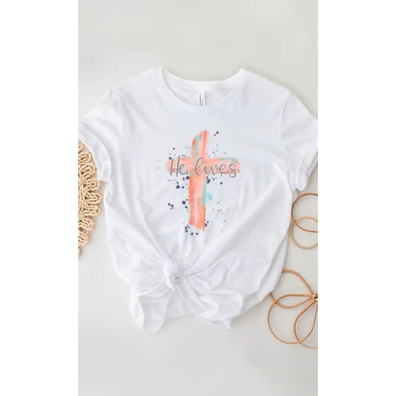 Watercolor He Lives Cross Easter Graphic Tee T-Shirt