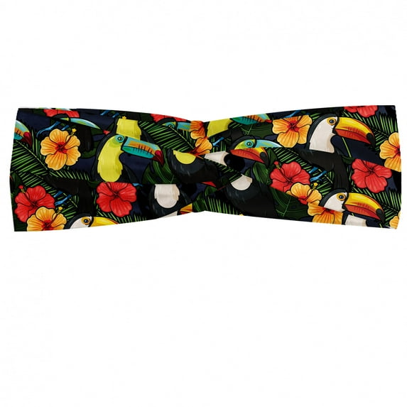 Watercolor Headband, Toucan Birds and Hibiscus Flowers Tropical Exotic Hawaii Flora and Fauna Cartoon, Elastic and Soft Women's Bandana for Sports and Everyday Use, Grey Red Coconut, by Ambesonne