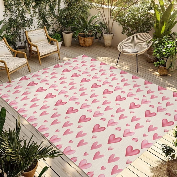 Watercolor Heart Outdoor Rug for Patio/Deck/Porch, Non-Slip Large Area Rug 5 x 7 Ft, Romance Valentine's Day Pink Love Beige Indoor Outdoor Rugs Washable Area Rugs, Camping Rug Carpet Runner