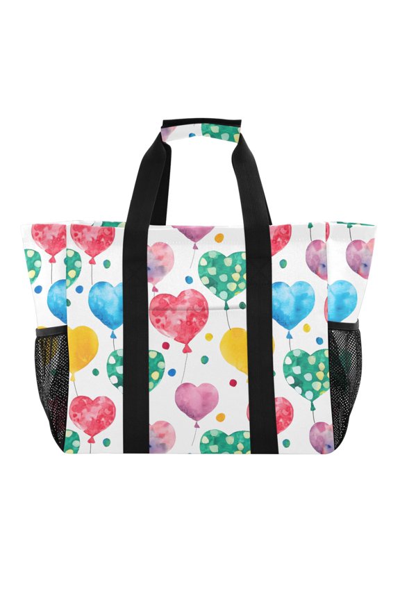 Watercolor Heart Shaped Balloon Reusable Grocery Bags with Handle Side Pocket Waterproof Shopping Portable Tote