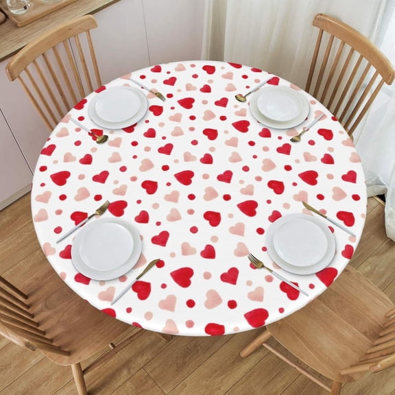 Watercolor Hearts and Dots Tablecloth with Elastic Edge, Round Table Cloth Washable Reusable Table Cover for Kitchen Dining Party Picnic, Small