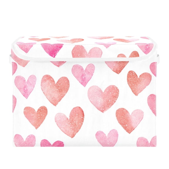 Watercolor Hearts with Glitter Valentine Foldable Storage Bins with Lids Handles Collapsible Storage Containers Tote Boxes 16.5 x 12.6 x 11.8 inches