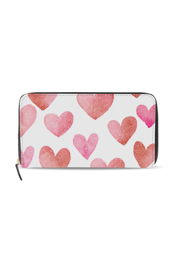 Watercolor Hearts with Glitter Valentine Women's Long Zipper Wallet Bifold Clutch Purse PU Leather Card Cases