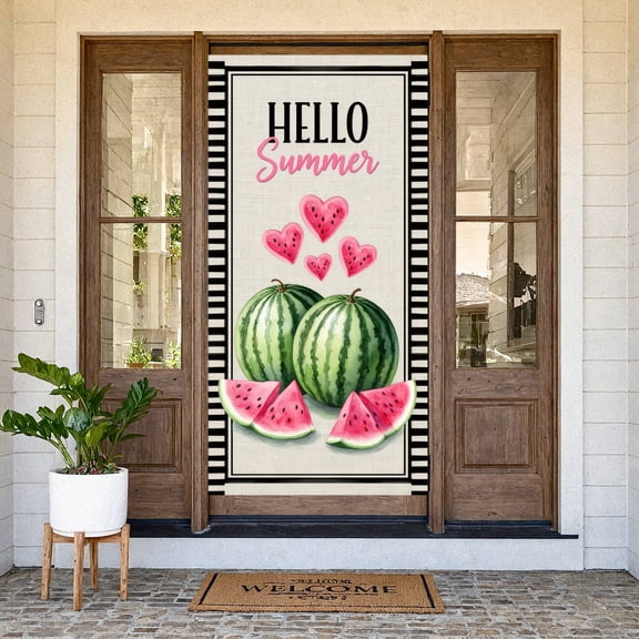 Watercolor  Hello Summer Banner Pink Typography Summer Backdrop Watermelon Pattern Striped Border Summer Door Cover for Summer Party Outdoor Gathering Home Decoration