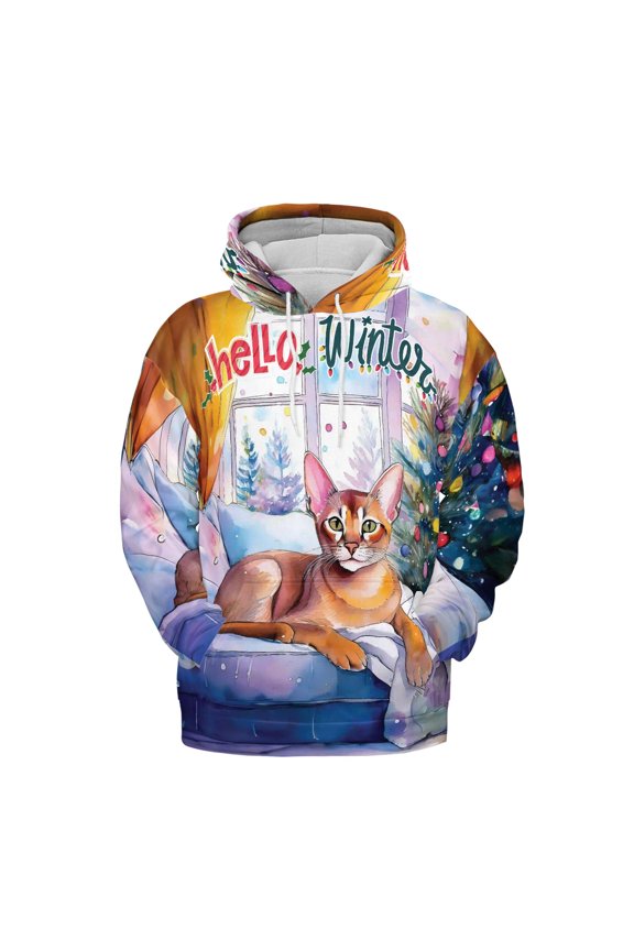 Watercolor Hello Winter Abyssinian Chill Christmas Welcome All Over Print 3D Hoodie Unisex Merch Hoodies Cat Lover Kitten Owner Gifts - 00016