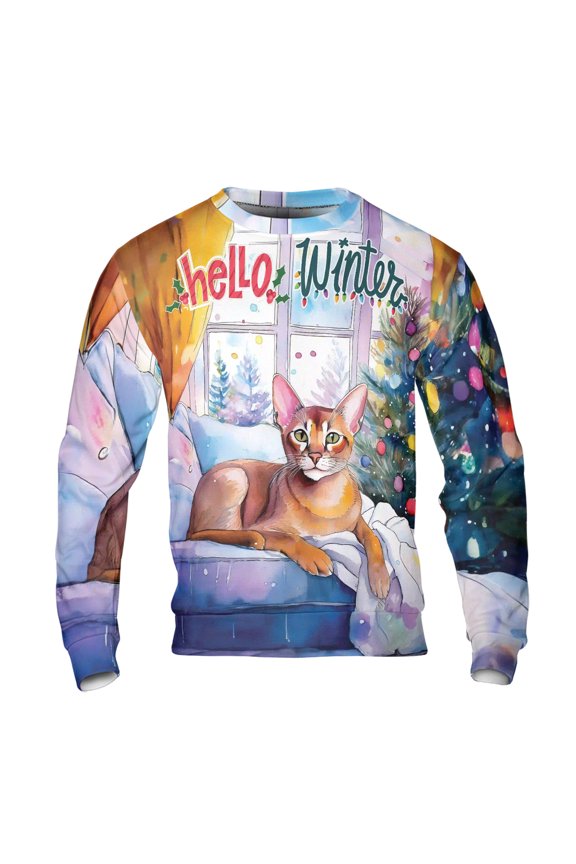 Watercolor Hello Winter Abyssinian Chill Christmas Welcome All Over Print 3D Sweatshirt Unisex Merch Cat Lover Kitten Owner Gifts - 00016